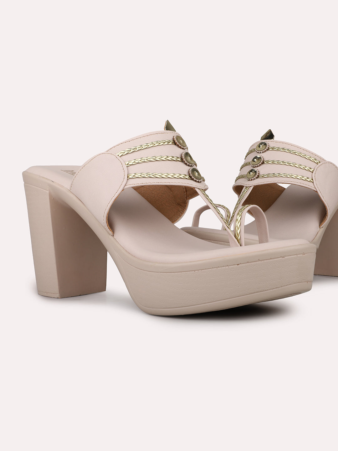 Womens Cream Party Wear Solid Round Toe Heels