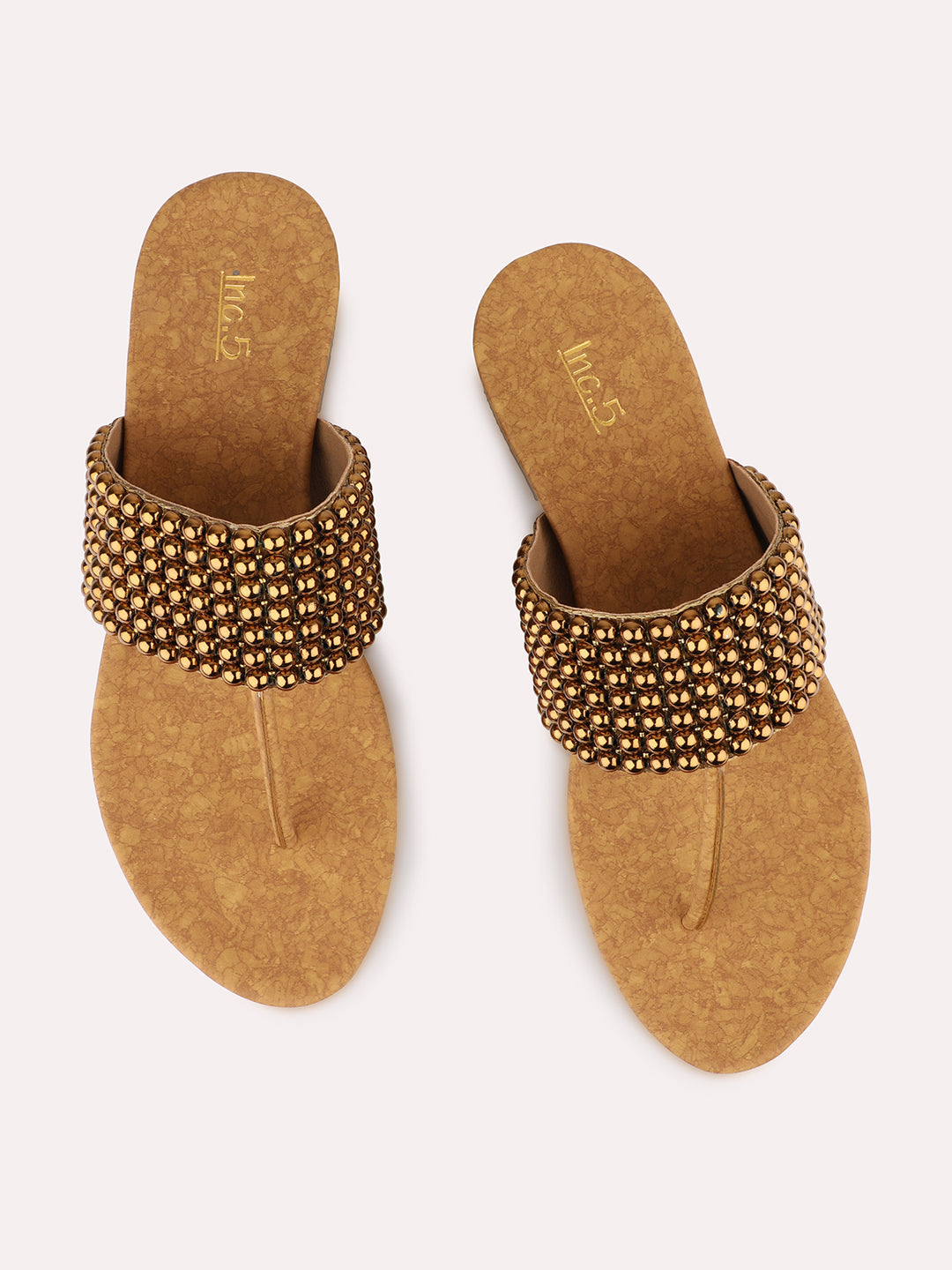 Womens Gold Ethnic Embellished Round Toe Flats