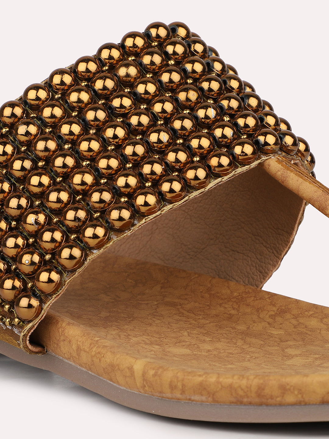 Womens Gold Ethnic Embellished Round Toe Flats