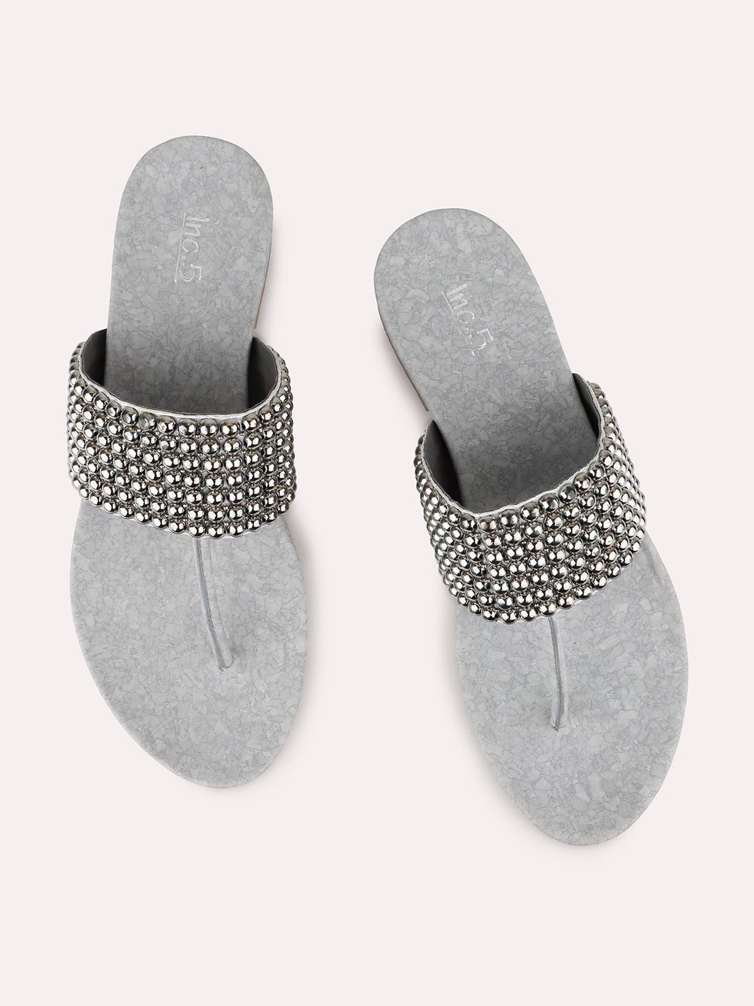 Womens Silver Ethnic Embellished Round Toe Flats