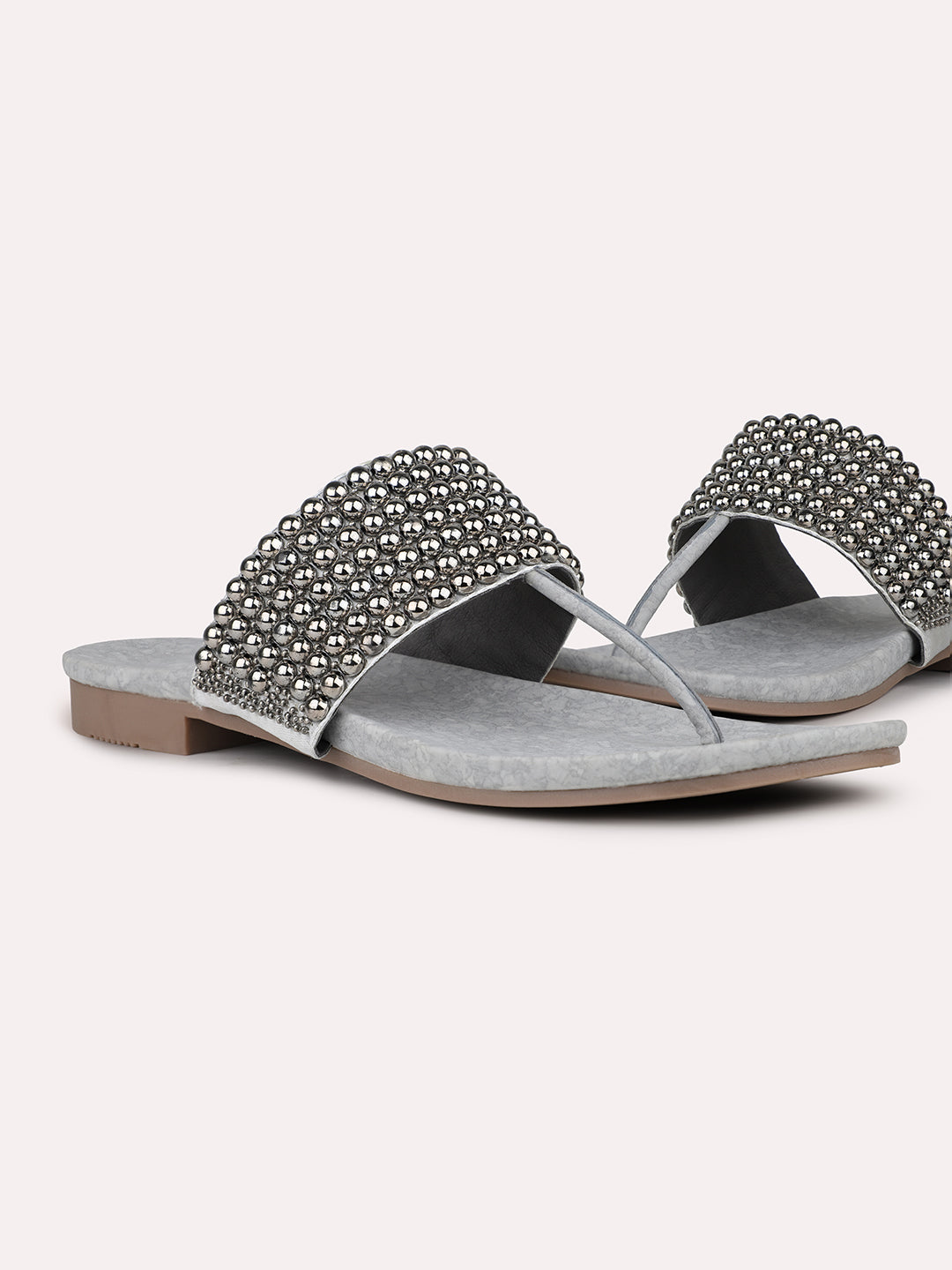 Womens Silver Ethnic Embellished Round Toe Flats