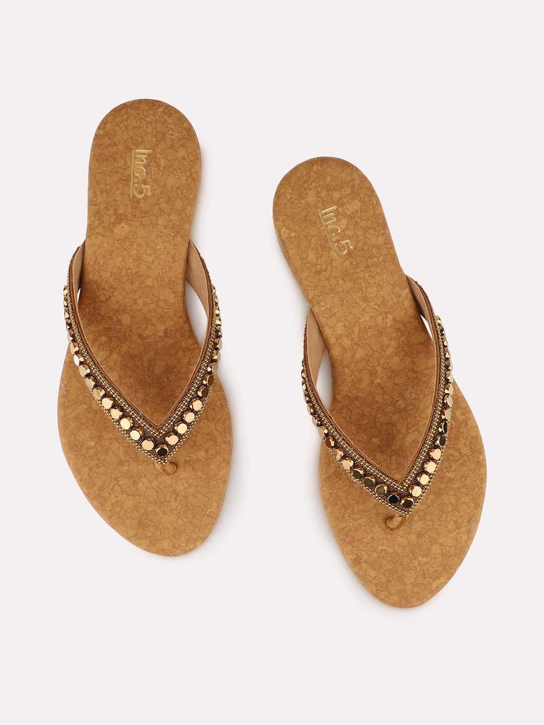 Womens Gold Ethnic Embellished Round Toe Flats