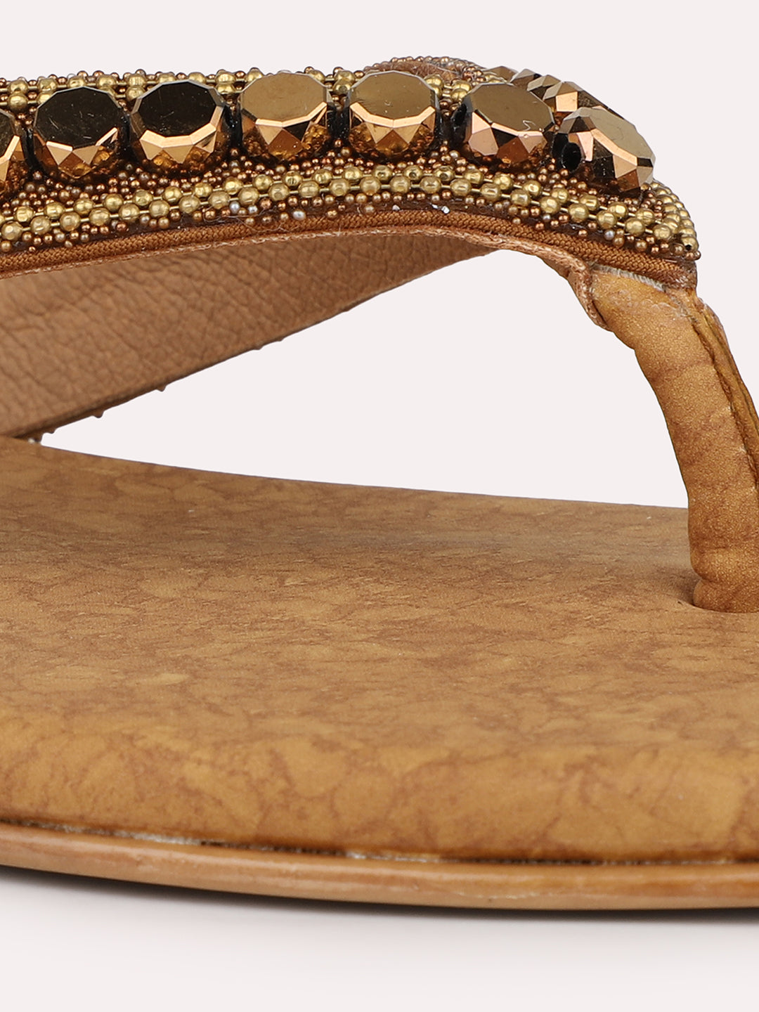 Womens Gold Ethnic Embellished Round Toe Flats