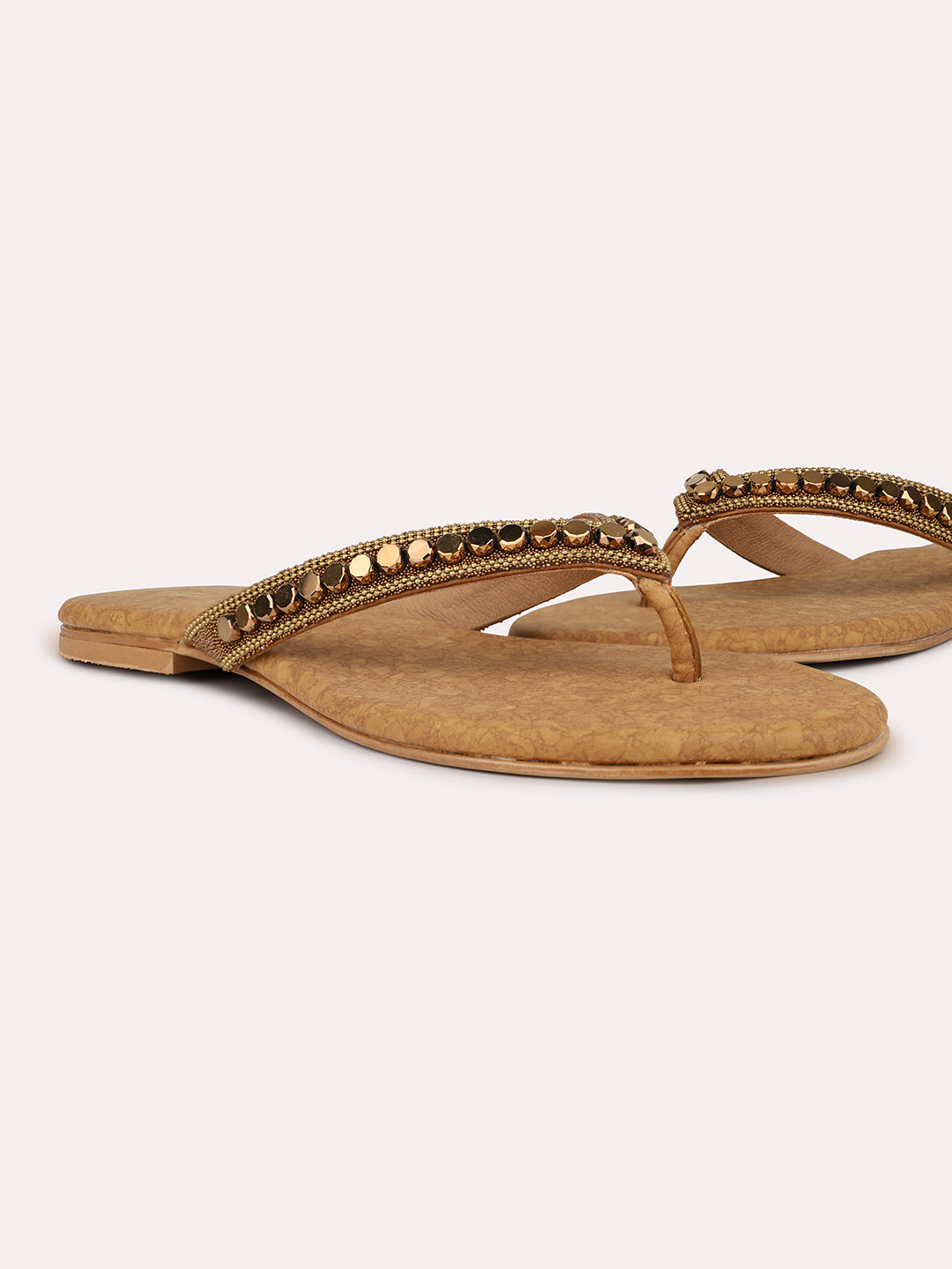 Womens Gold Ethnic Embellished Round Toe Flats