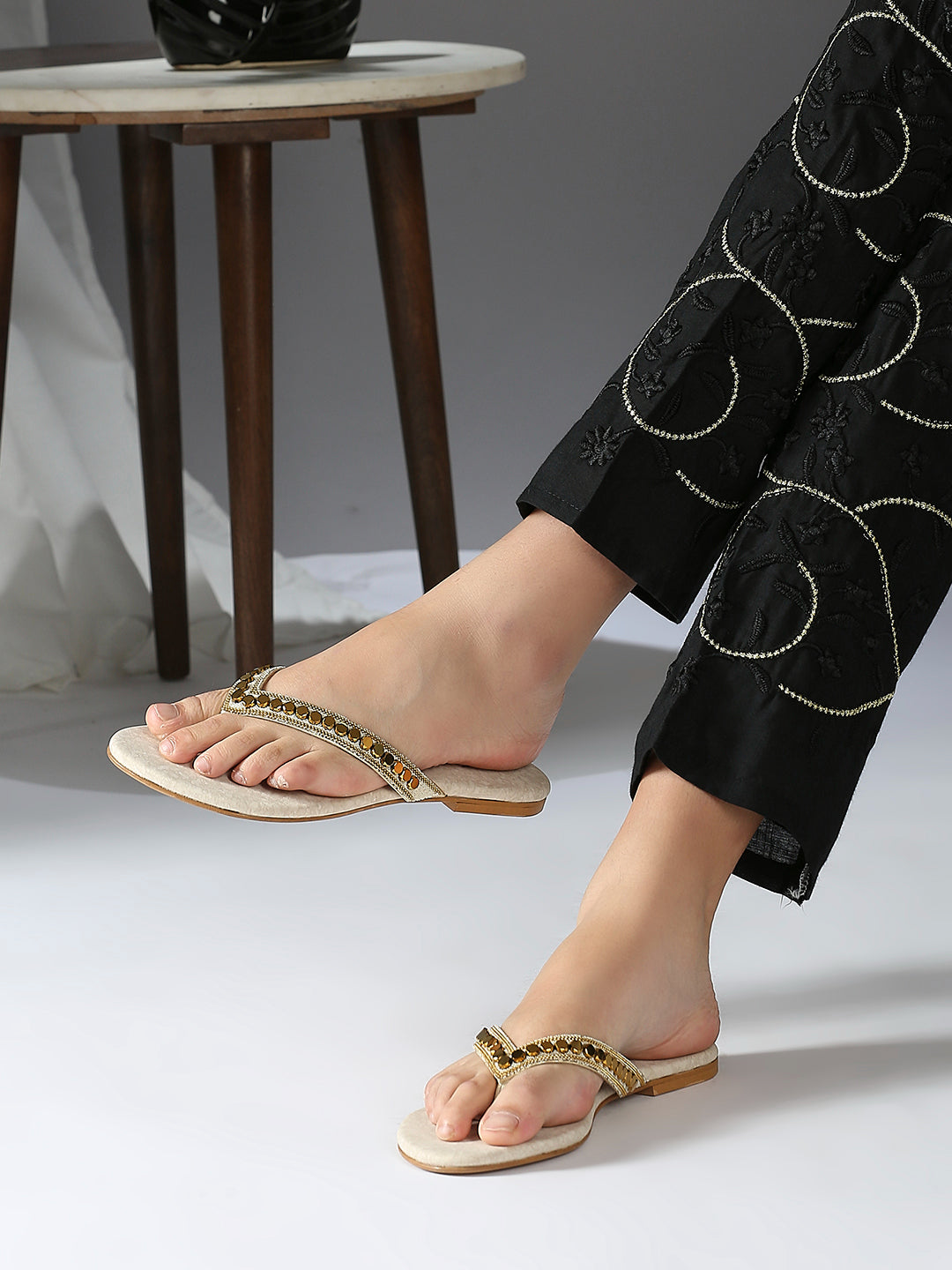 Womens Gold Ethnic Embellished Round Toe Flats