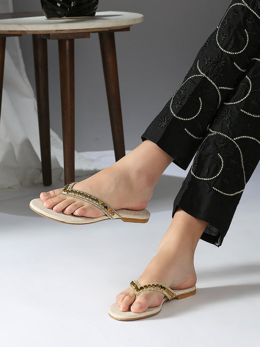 Womens Gold Ethnic Embellished Round Toe Flats