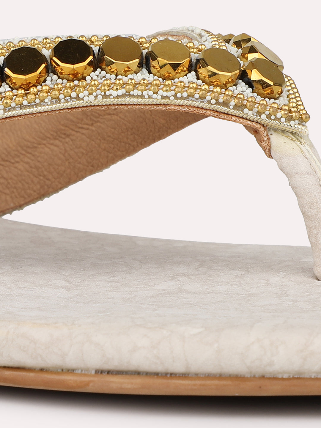 Womens Gold Ethnic Embellished Round Toe Flats