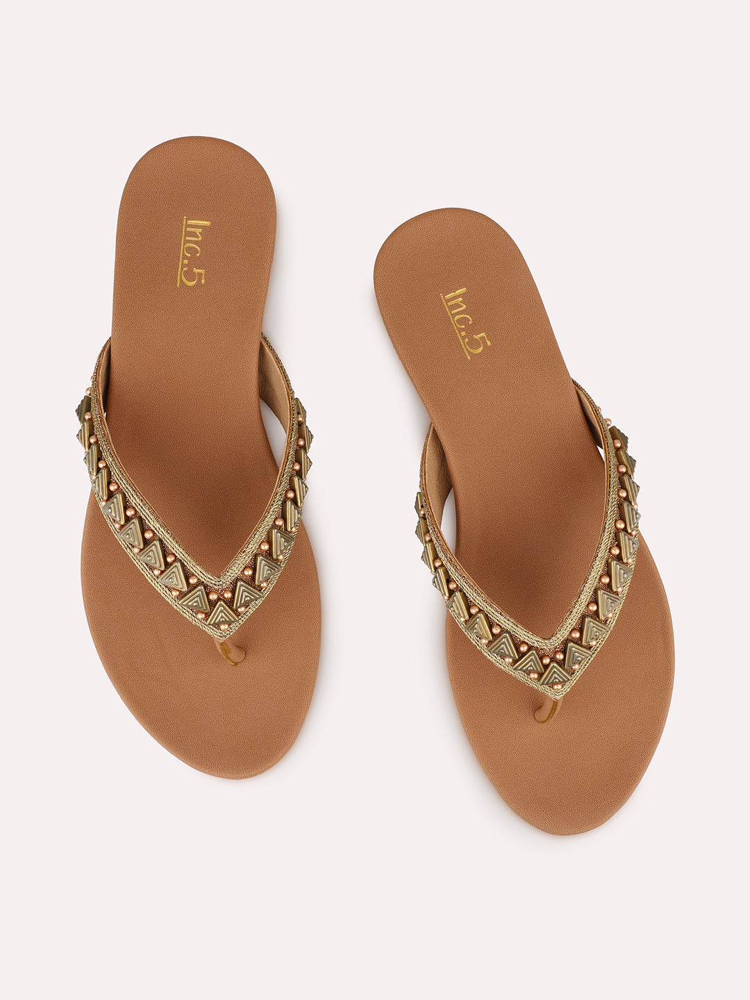 Womens Gold Ethnic Embellished Round Toe Flats