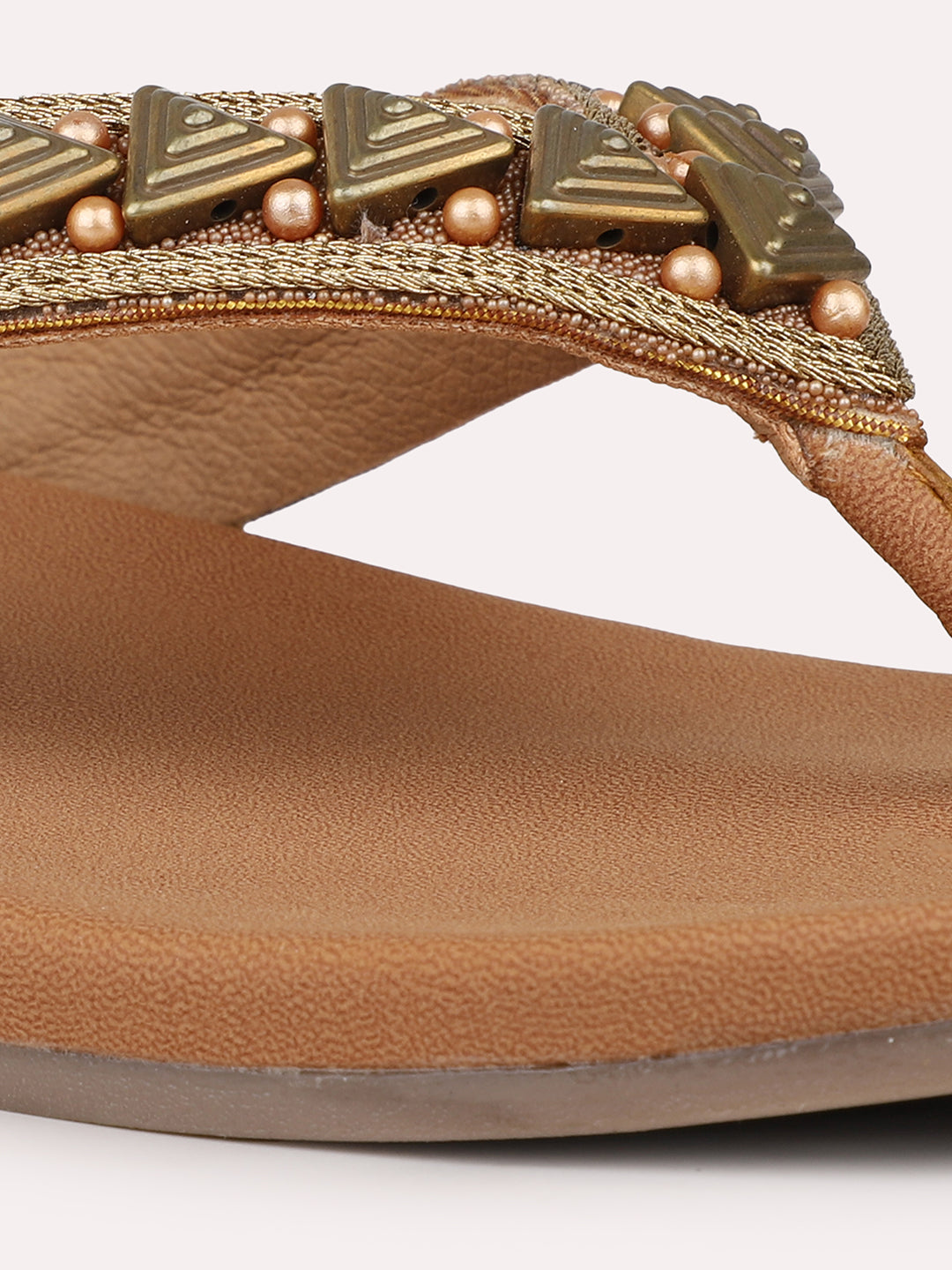 Womens Gold Ethnic Embellished Round Toe Flats