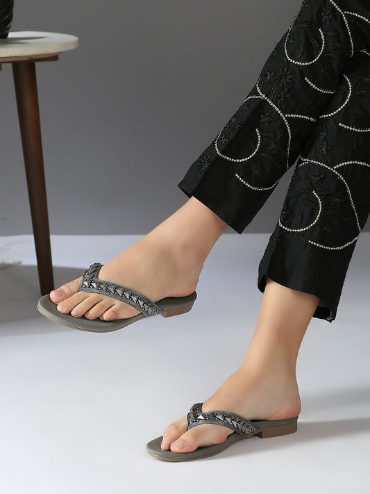 Womens Pewter Ethnic Embellished Round Toe Flats