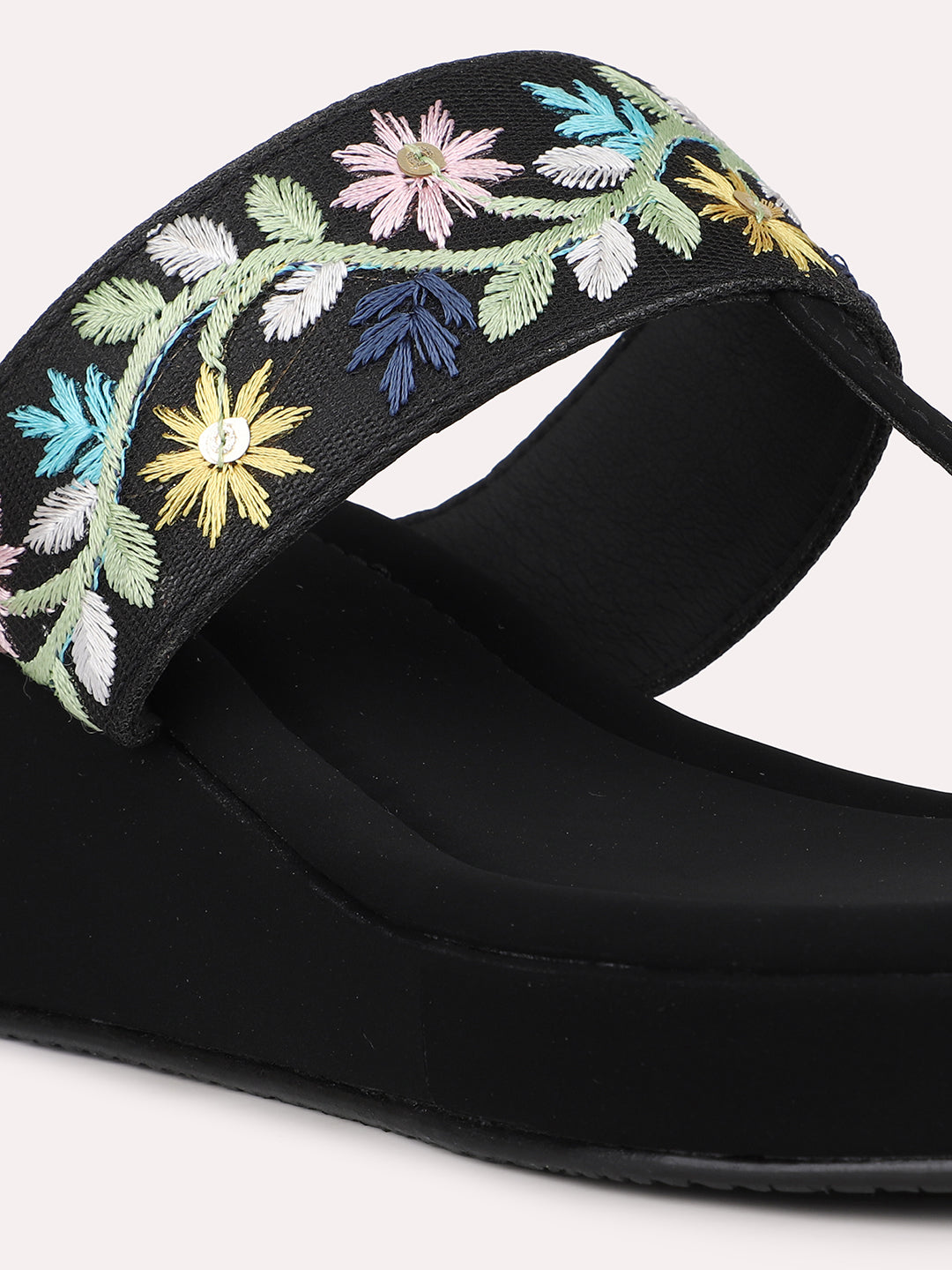 Womens Black Ethnic Embroidered Round Toe Heels