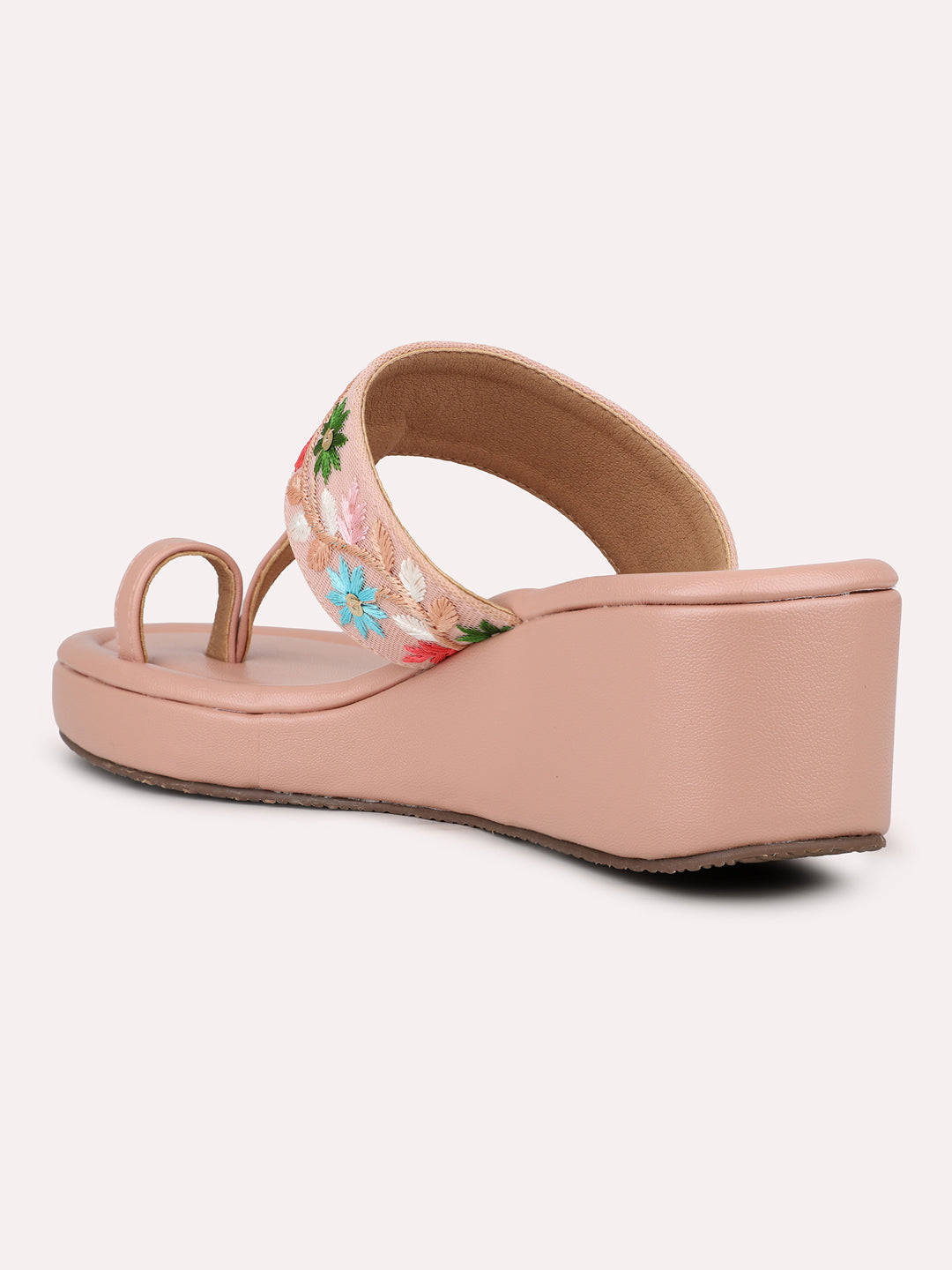 Womens Peach Ethnic Embroidered Round Toe Heels