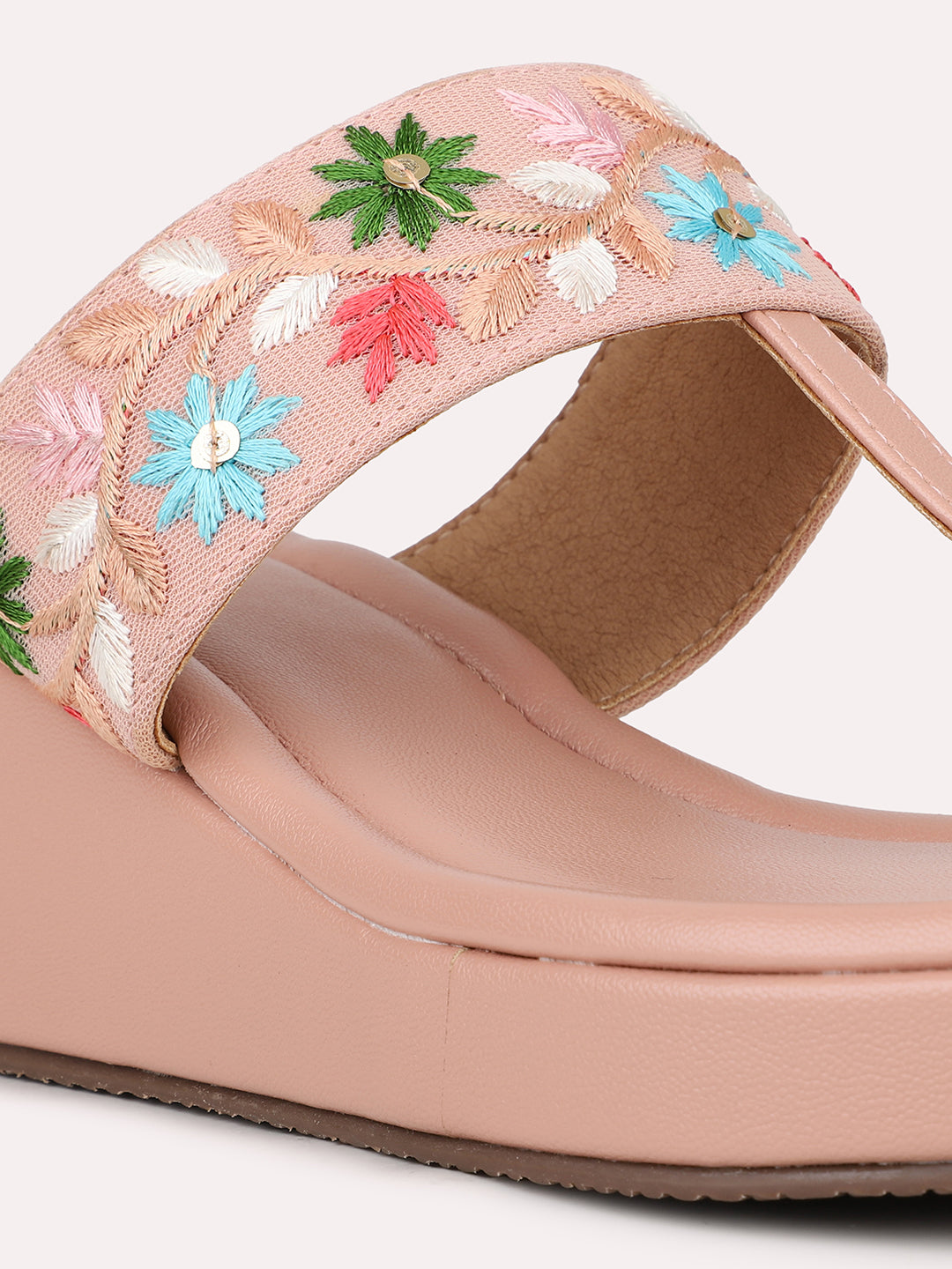 Womens Peach Ethnic Embroidered Round Toe Heels