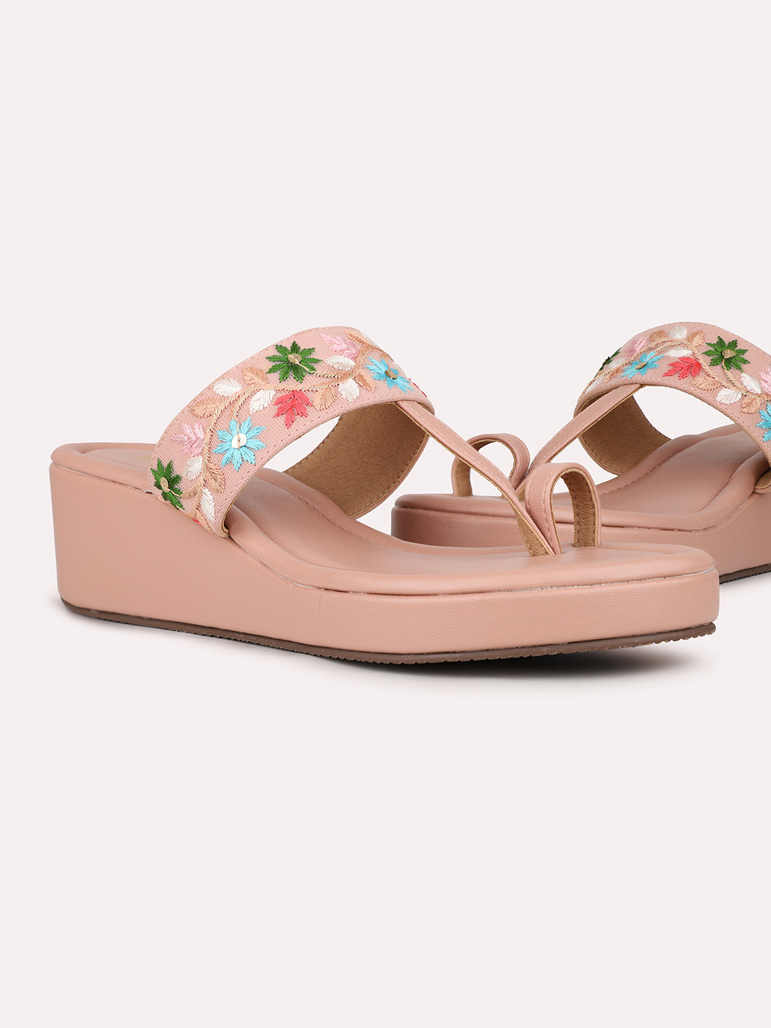 Womens Peach Ethnic Embroidered Round Toe Heels