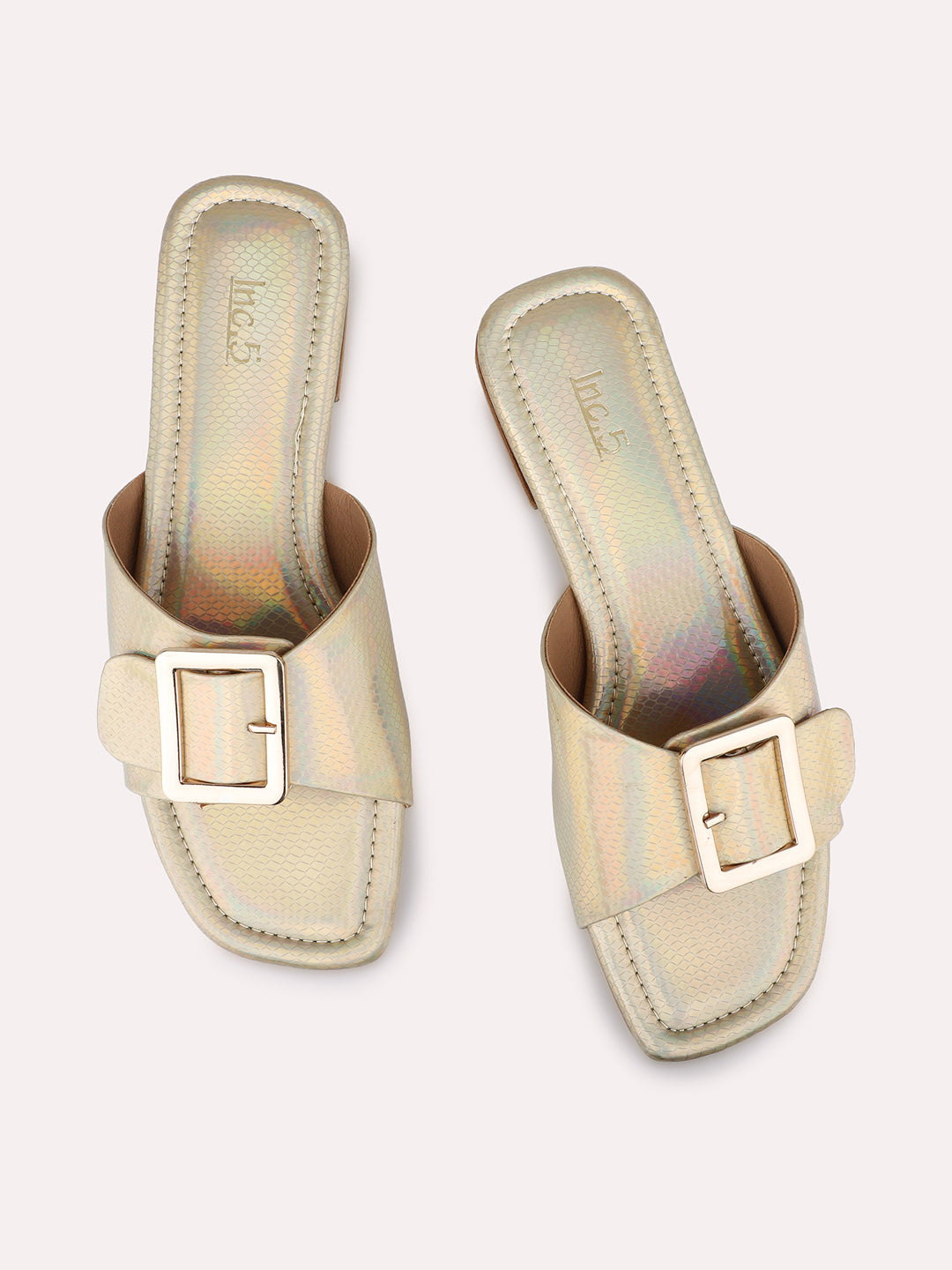 Womens Gold Casual Solid Square Flats