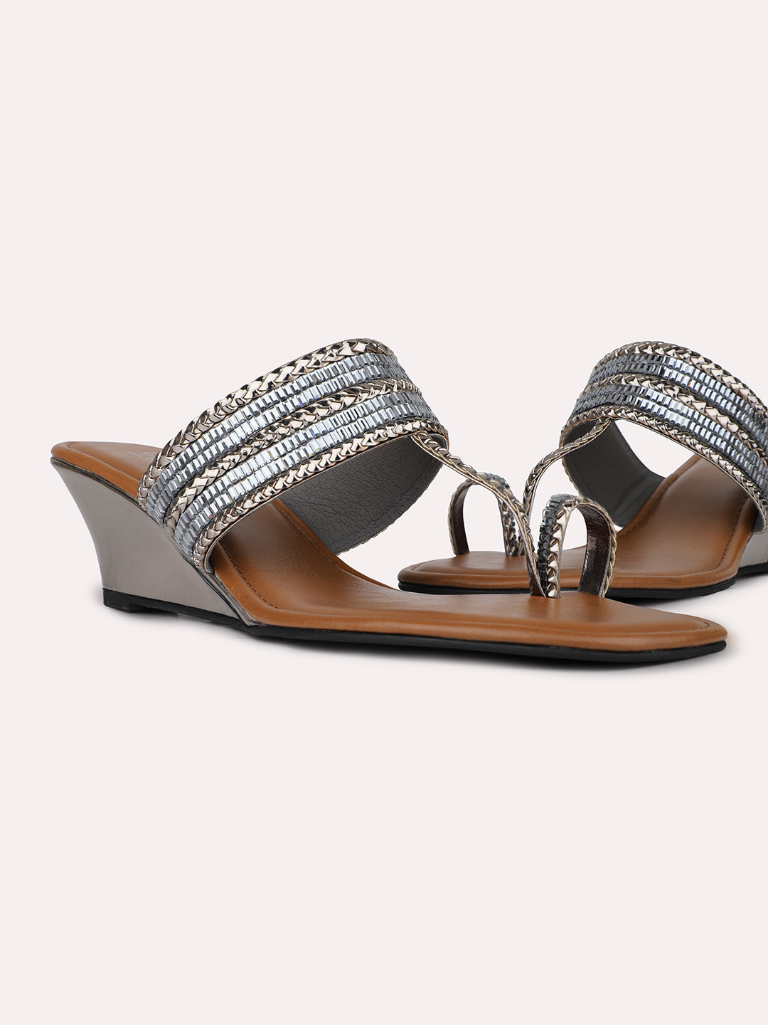 Womens Pewter Ethnic Embellished Round Toe Heels