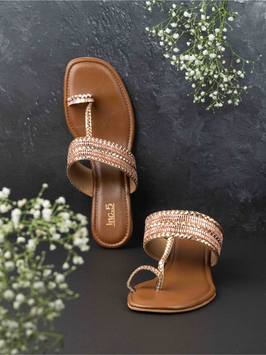 Womens Rose Gold Ethnic Embellished Round Toe Heels