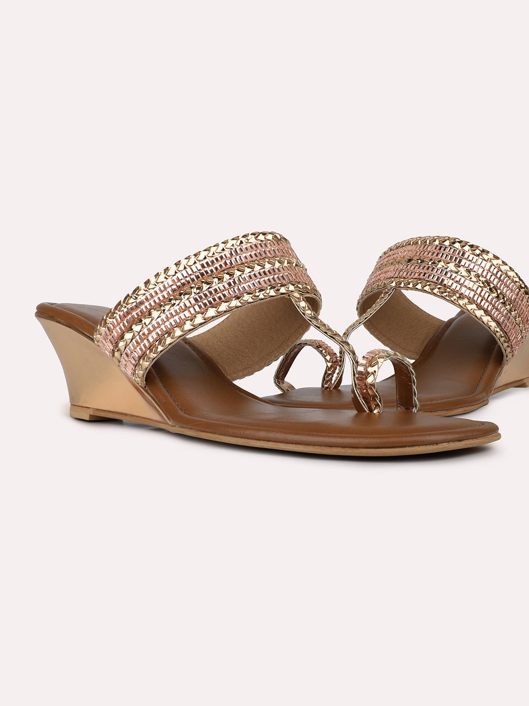 Womens Rose Gold Ethnic Embellished Round Toe Heels