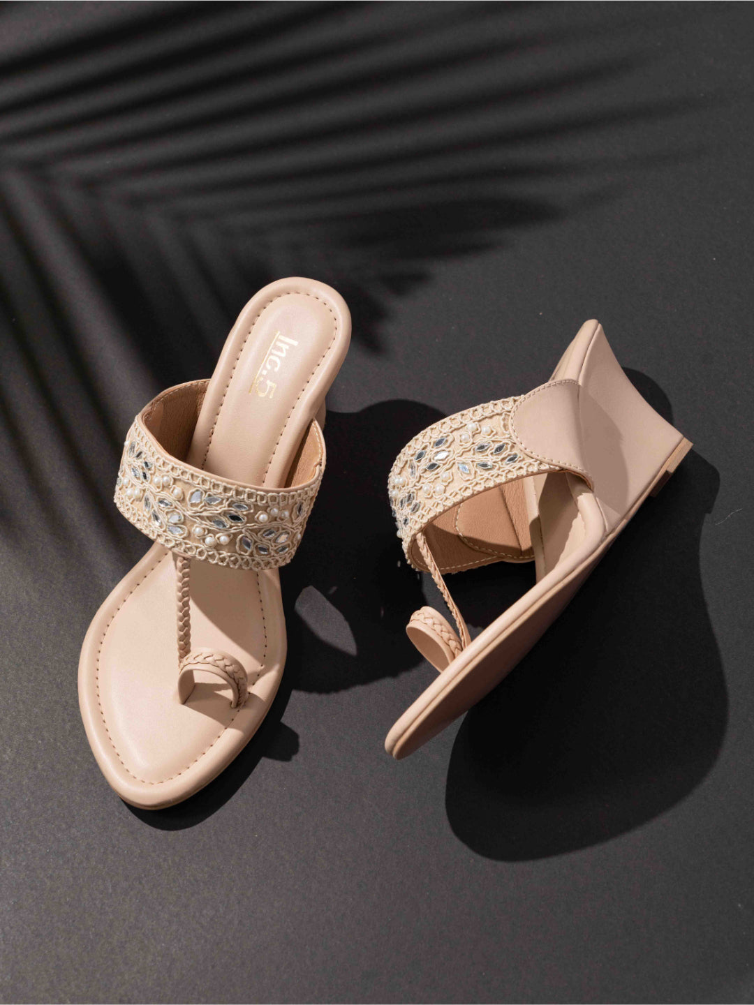 Womens Beige Ethnic Embellished Round Toe Heels