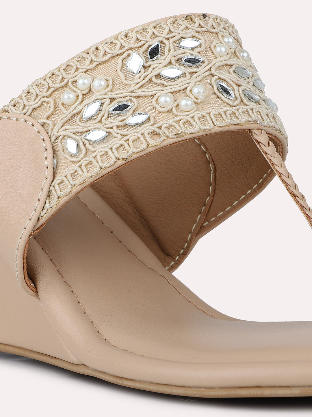 Womens Beige Ethnic Embellished Round Toe Heels