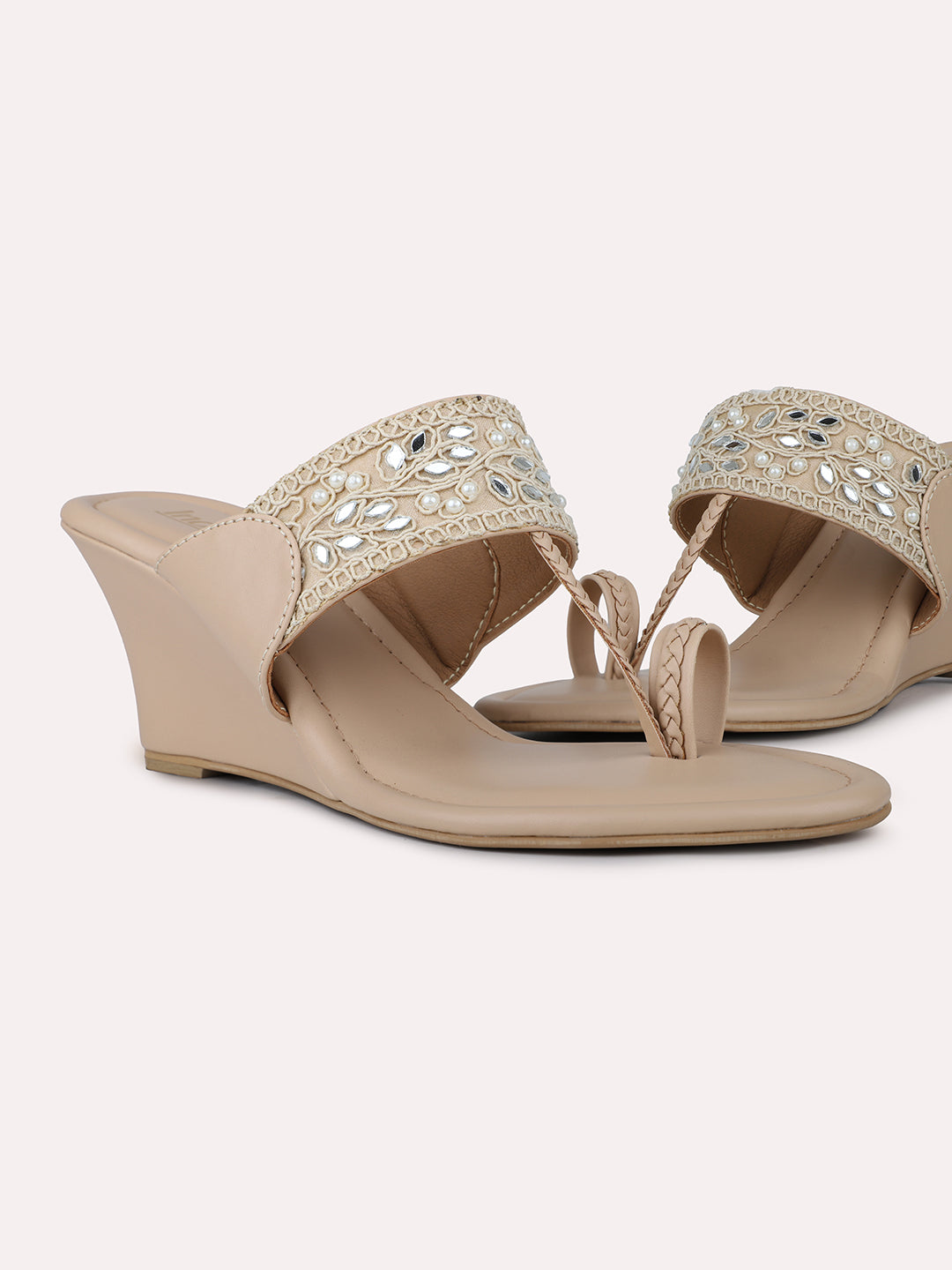 Womens Beige Ethnic Embellished Round Toe Heels