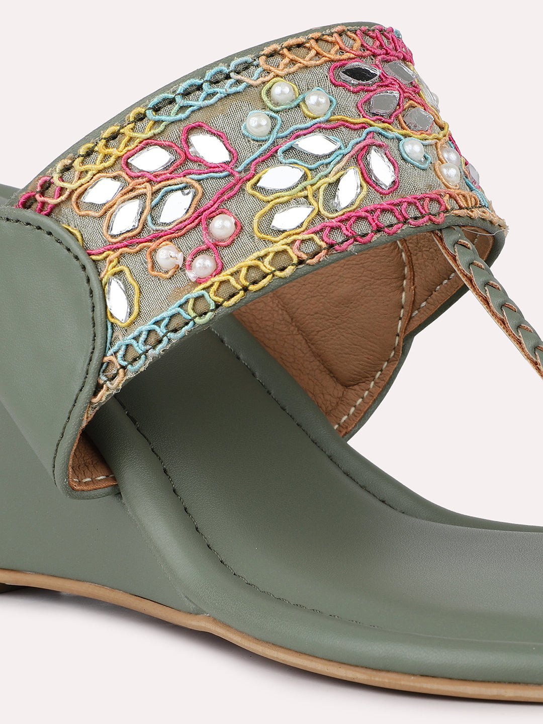 Womens Green Ethnic Embellished Round Toe Heels