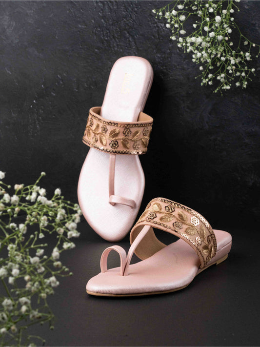 Womens Rose Gold Ethnic Embellished Round Toe Casual Flats