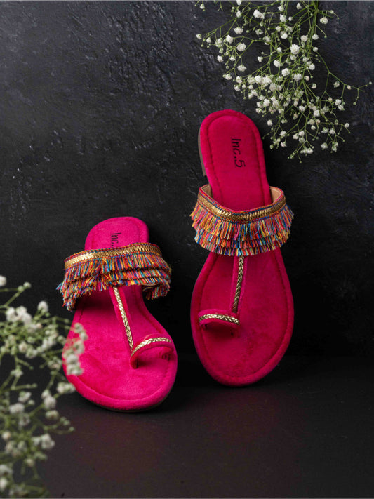 Womens Pink Ethnic Embellished Round Toe Flats