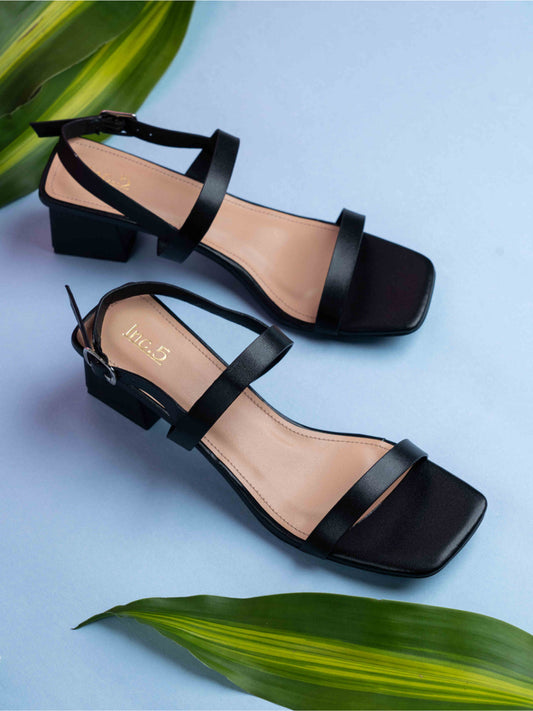 Womens Black Party Wear Striped Square Heels