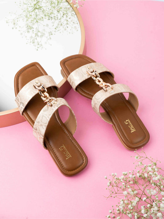 Womens Beige Casual Solid Square Flats