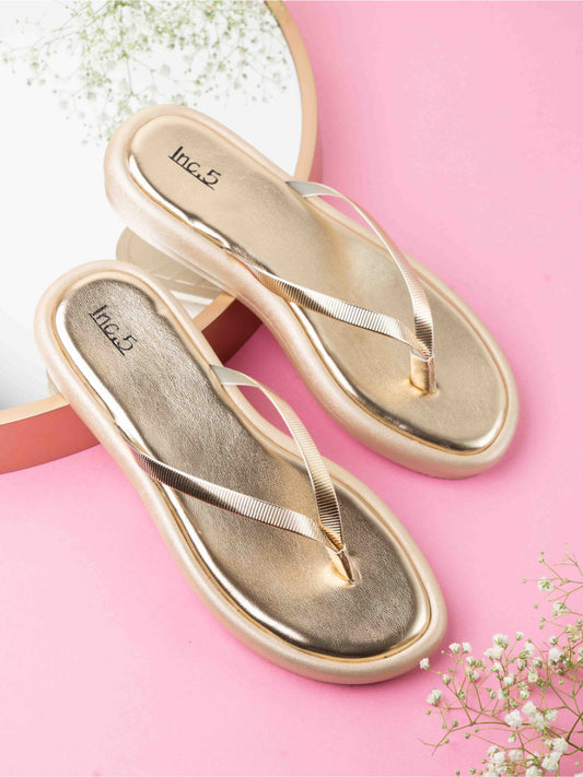 Womens Gold Casual Striped Round Toe Flats