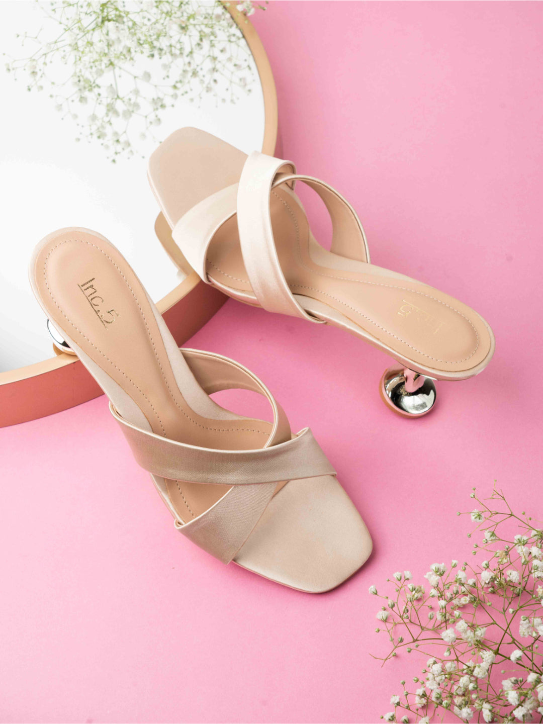 Womens Beige Party Wear Solid Square Heels