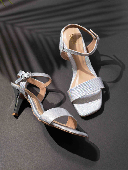 Womens Silver Party Wear Solid Square Heels