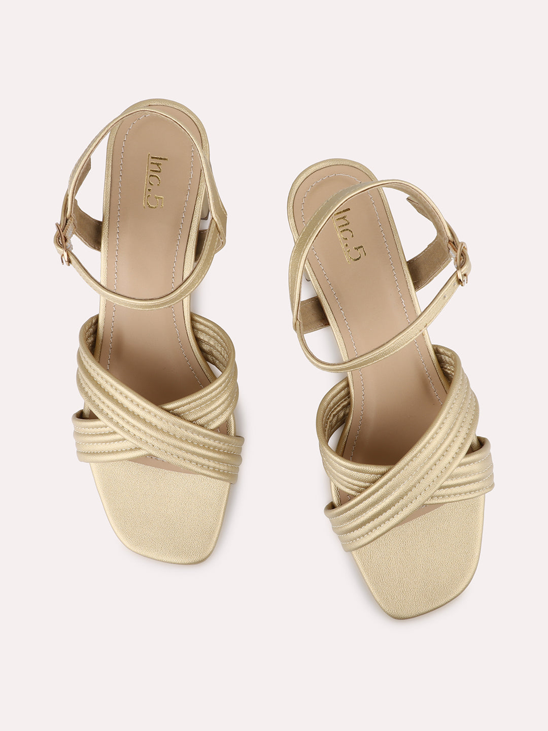 Womens Gold Party Wear Solid Square Toe Heels
