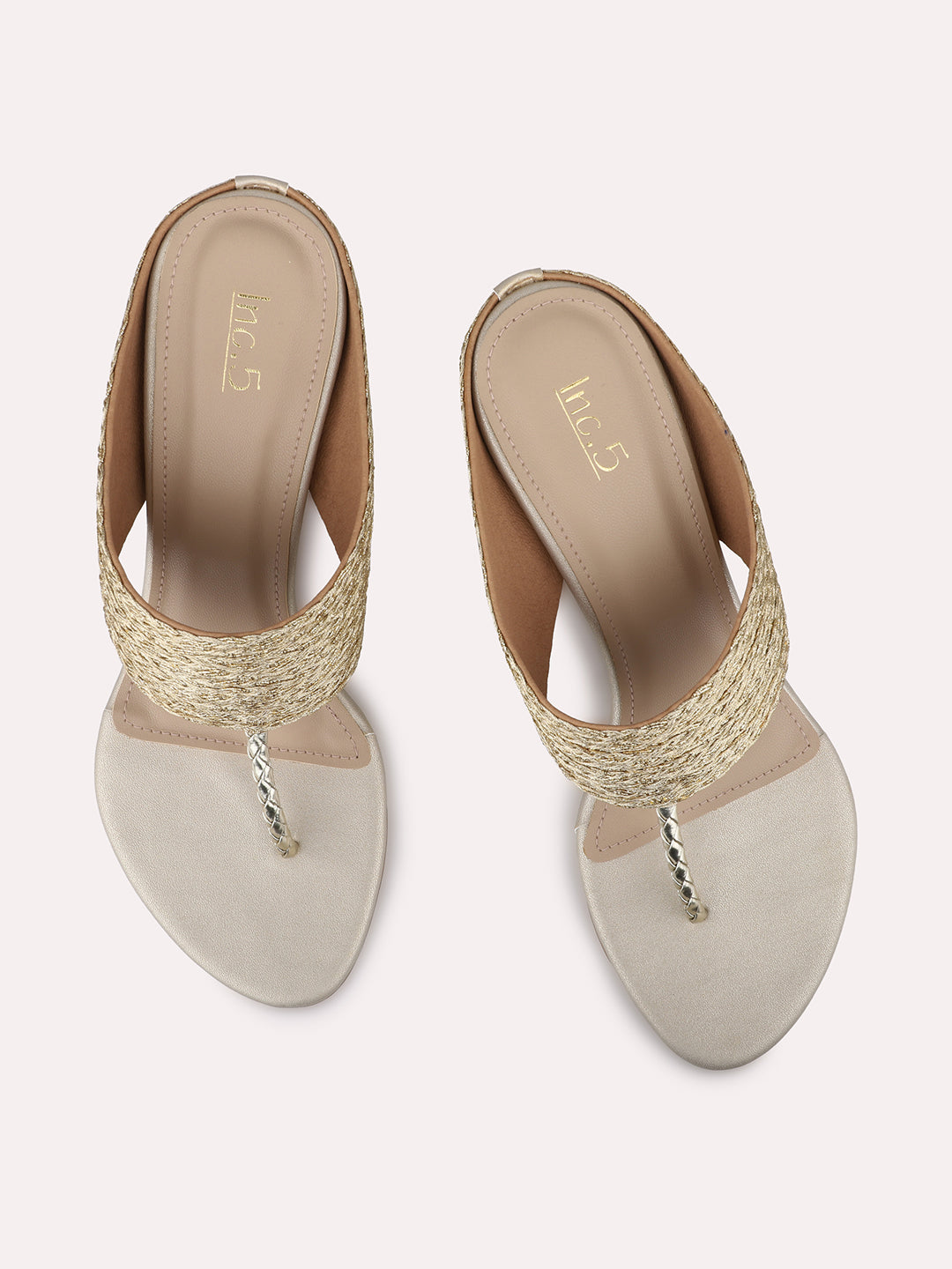 Womens Gold Ethnic Embellished Round Toe Heels