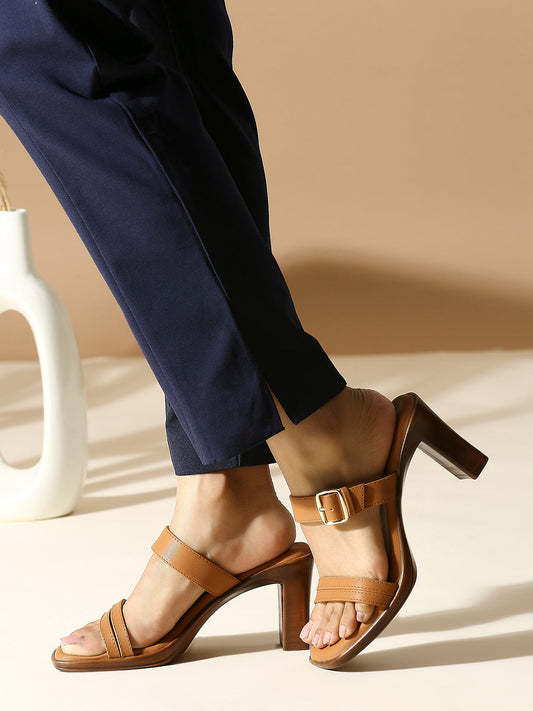 Womens Tan Party Wear Solid Square Heels