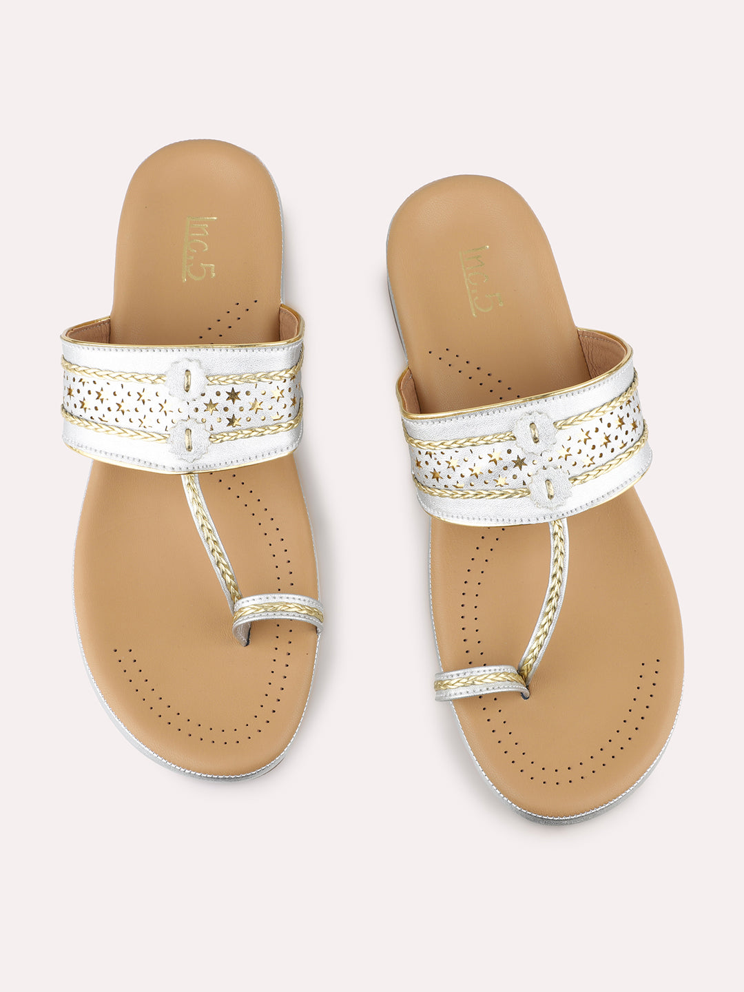 Womens Silver Casual Thong Round Toe Comfort Kolhapuri Flats