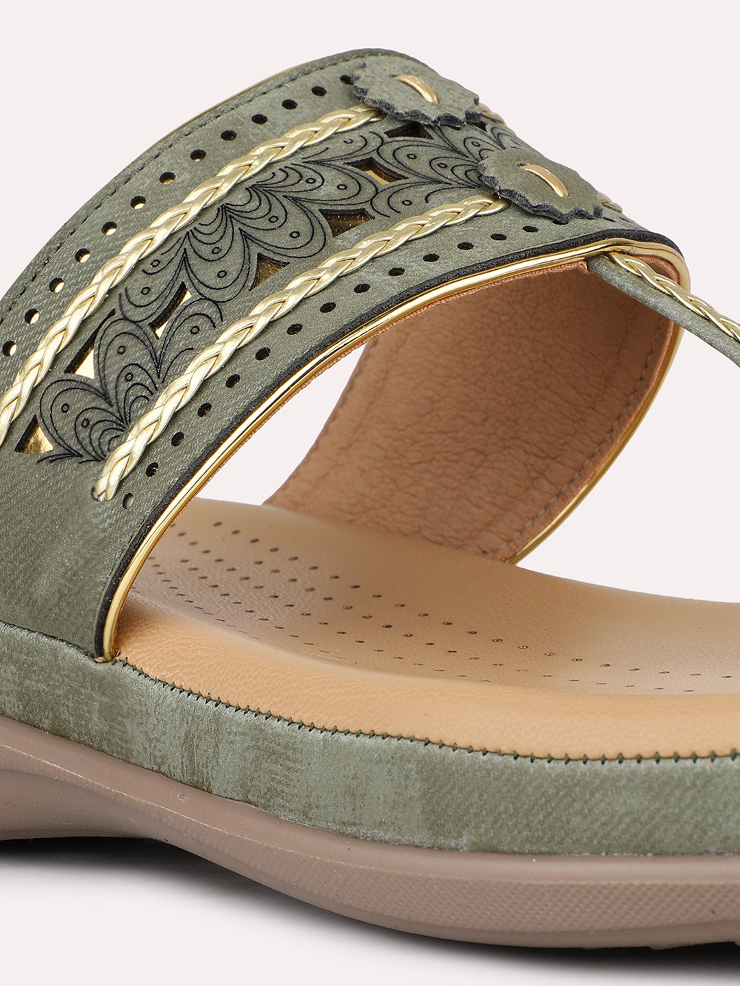 Womens Green Casual Thong Round Toe Comfort Kolhapuri Flats