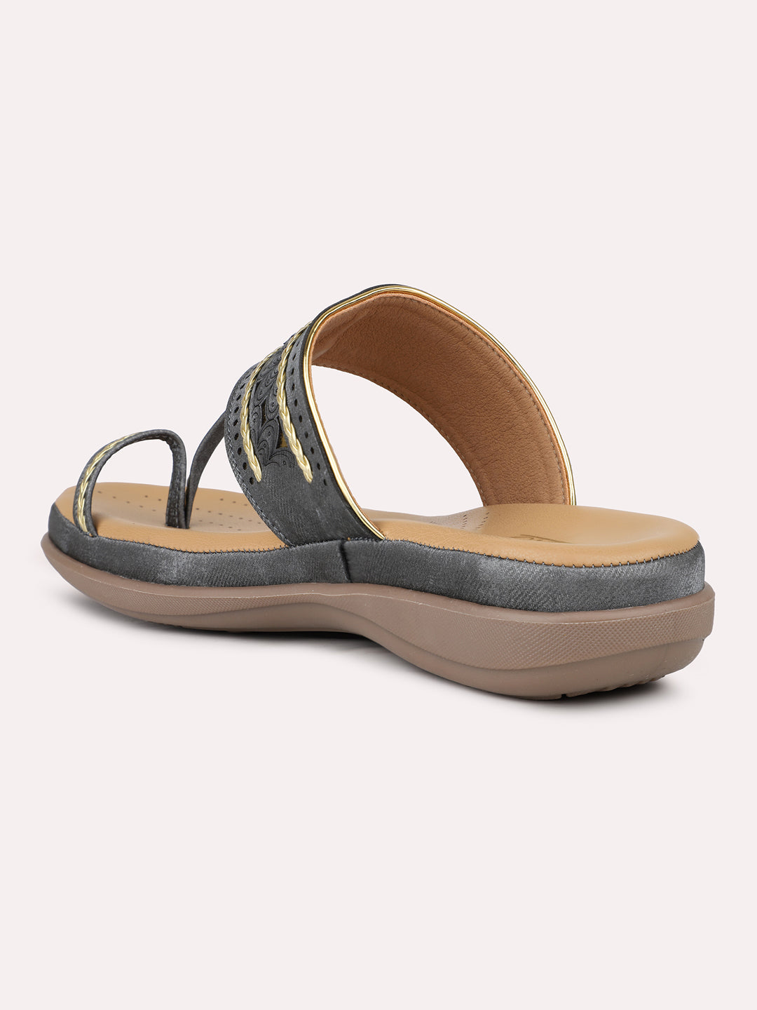 Womens Grey Casual Thong Round Toe Comfort Kolhapuri Flats