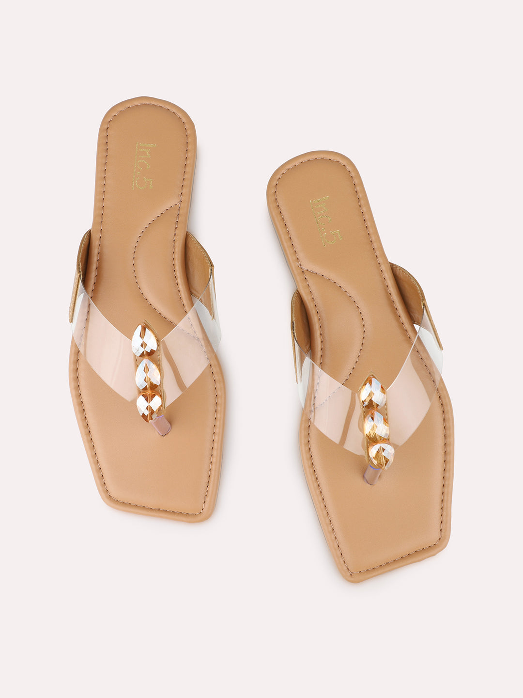 Womens Beige Casual Transparent Square Flats