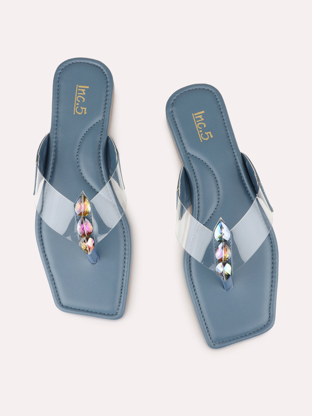 Womens Blue Casual Transparent Square Flats