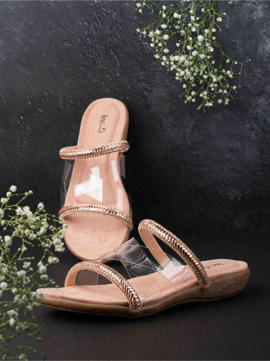 Womens Rose Gold Casual Transparent Ethnic Round Toe Flat sandals