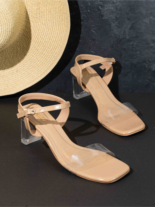 Womens Tan Party Wear Transparent Square Heels