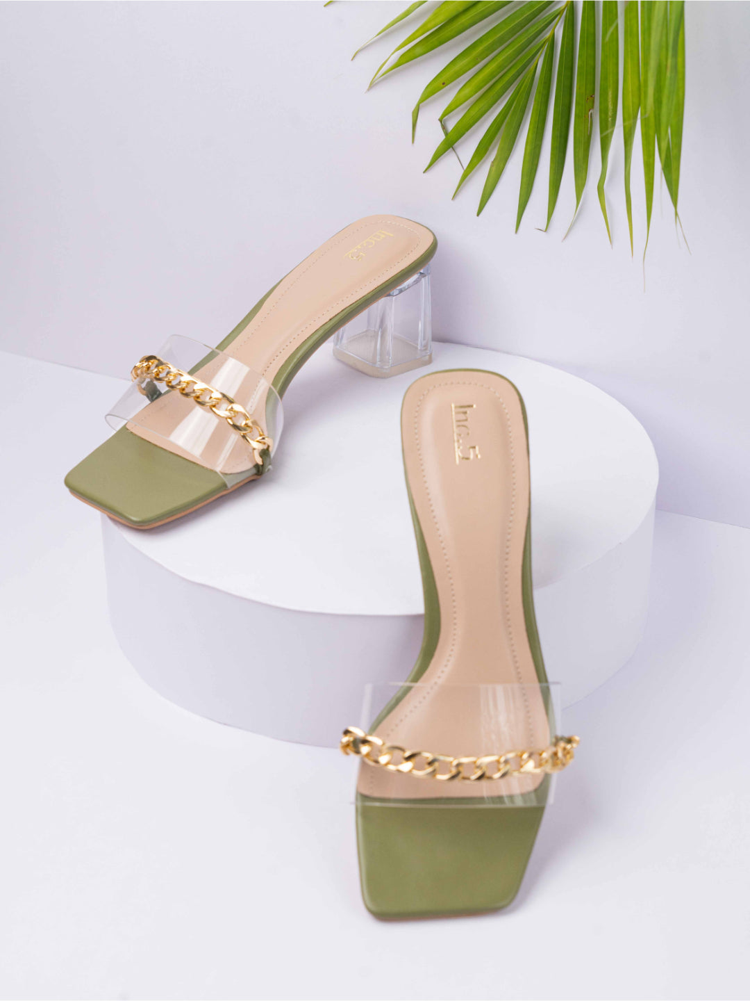 Womens Green Ethnic Transparent Square Heels