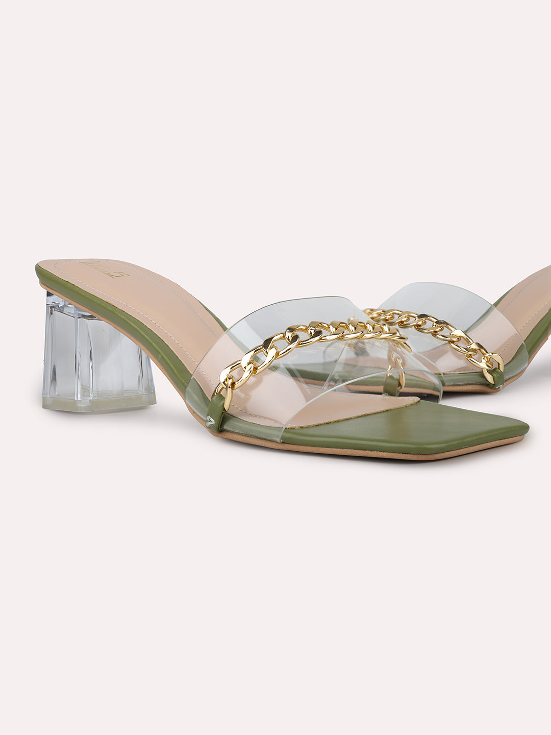 Womens Green Ethnic Transparent Square Heels