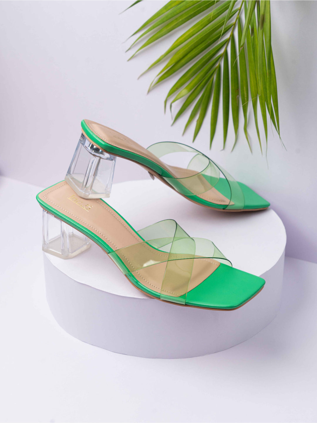 Womens Green Party Wear Transparent Square Heels