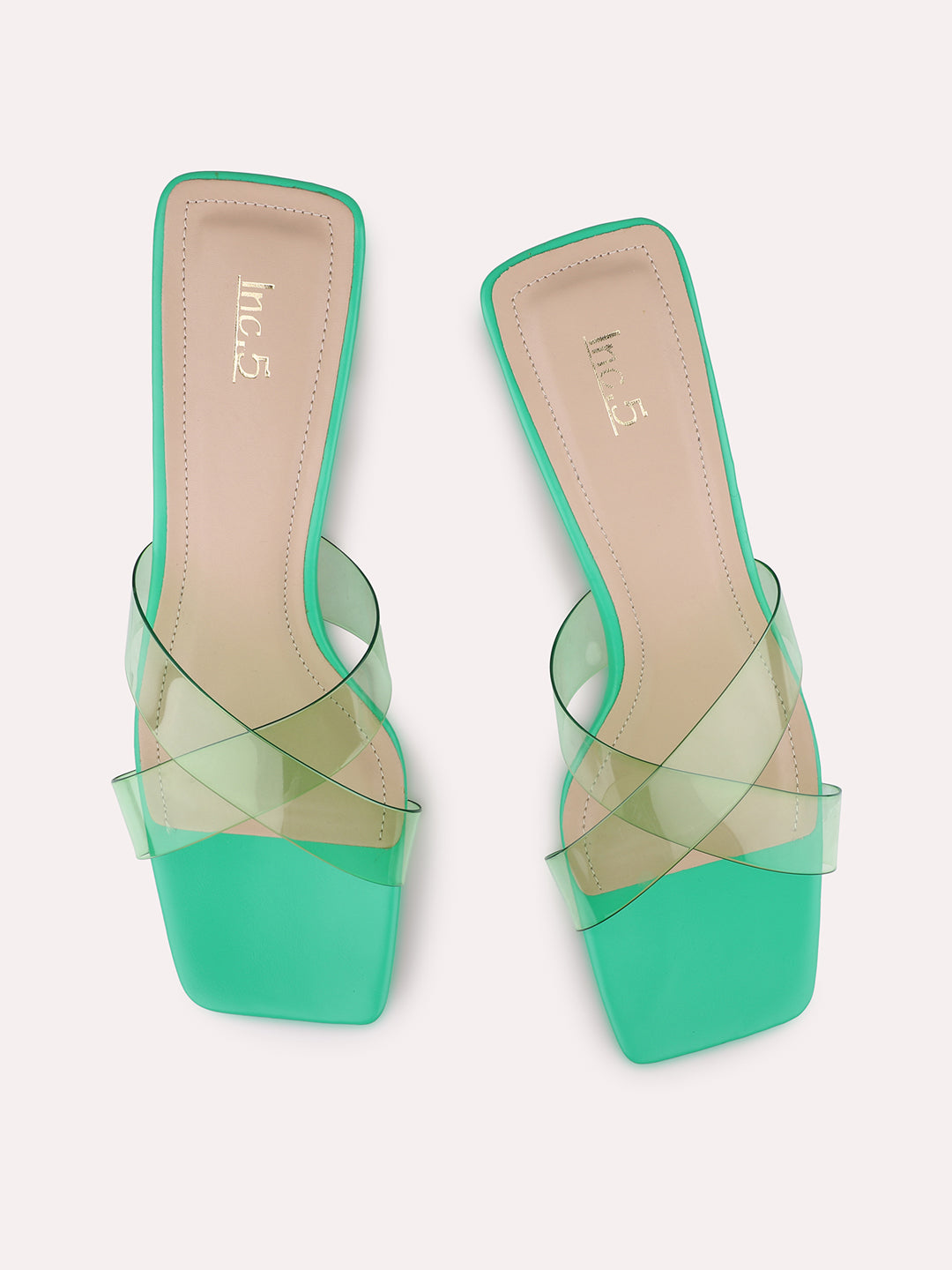 Womens Green Party Wear Transparent Square Heels