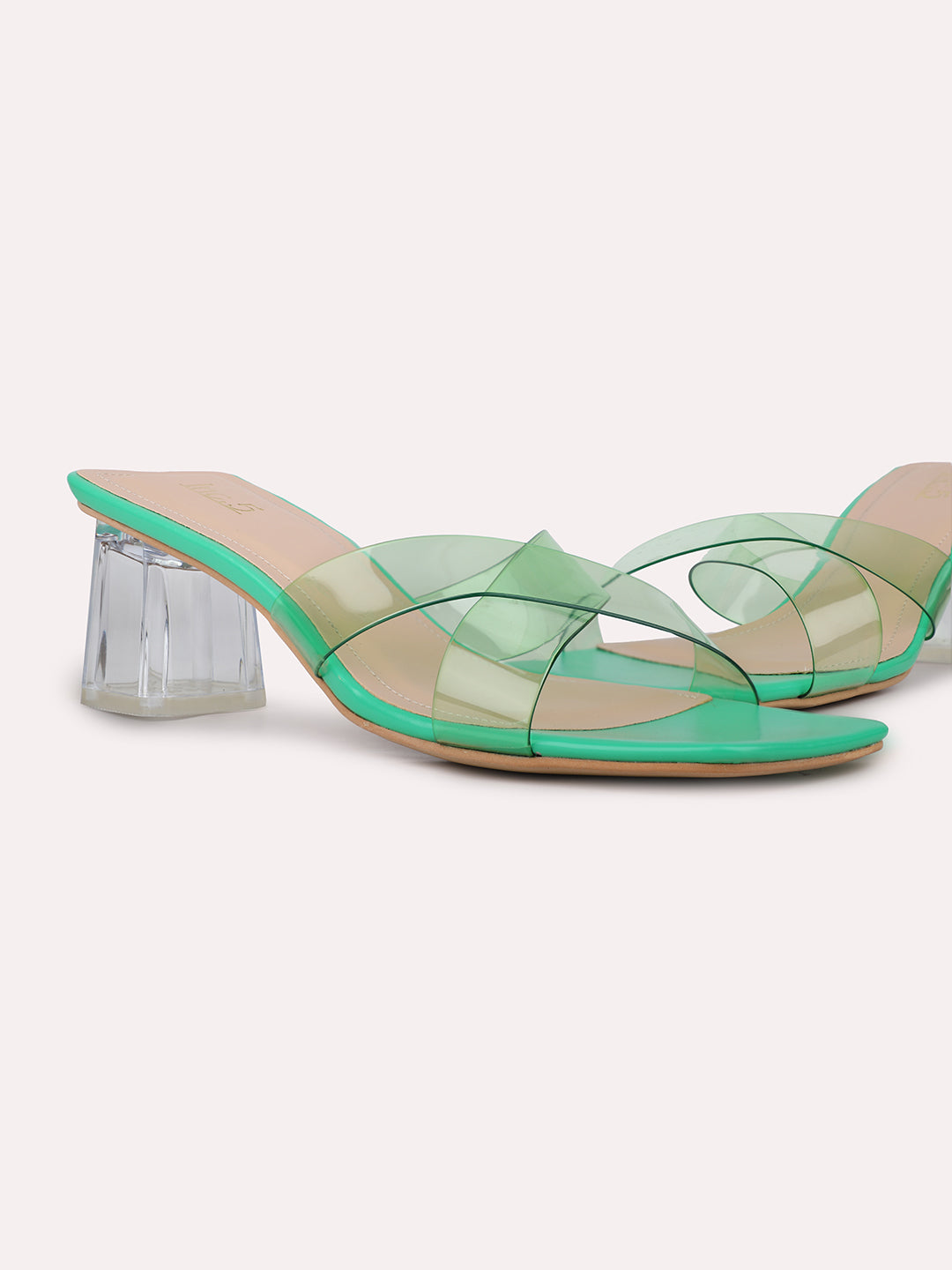 Womens Green Party Wear Transparent Square Heels