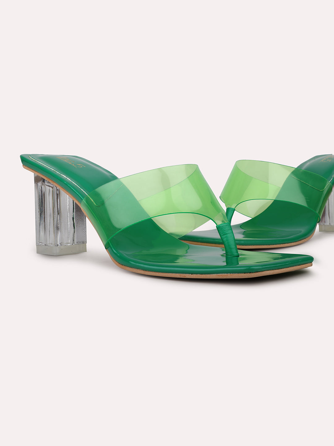 Womens Green Party Wear Transparent Block Heels