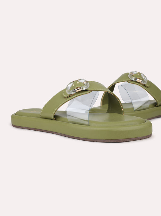 Womens Green Casual Transparent Round Toe Casual Flats